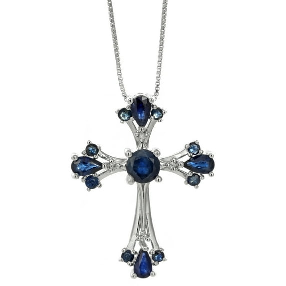 2.2 Ct Blue Sapphire .02 cttw Diamond Cross Birthstone Pendant Sterling Silver