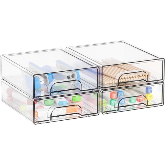 2.2'' High Small Clear Stackable Storage Drawers,4 Pack Desk Organization and Storage Bins,Plastic Office  Organizer, Drawer Storage Organizer for Makeup,Accessory,Pen,Art Crafts