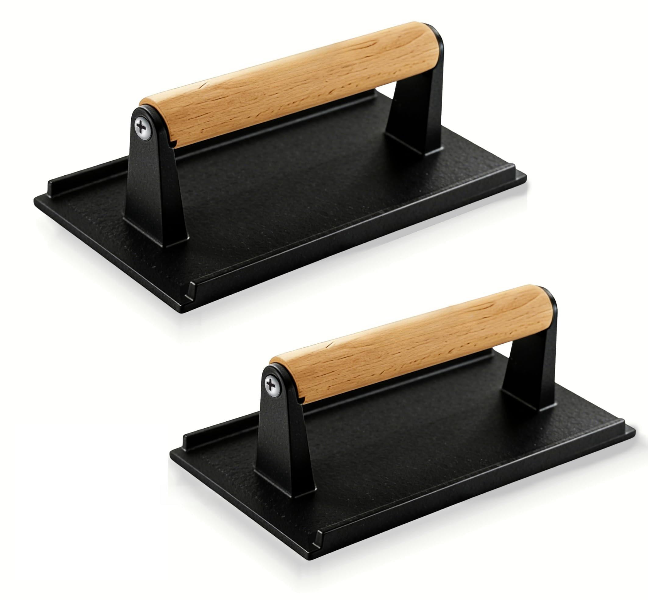 2.2 Lb Handheld Heavy Duty Cast Iron Grill Press  7.8x3.9 Inch Rectangle Burger With Wood Handle For Blackstone Griddle Chef Camp Panini Vegetable Bacon Sandwich Bbq 2 Pack