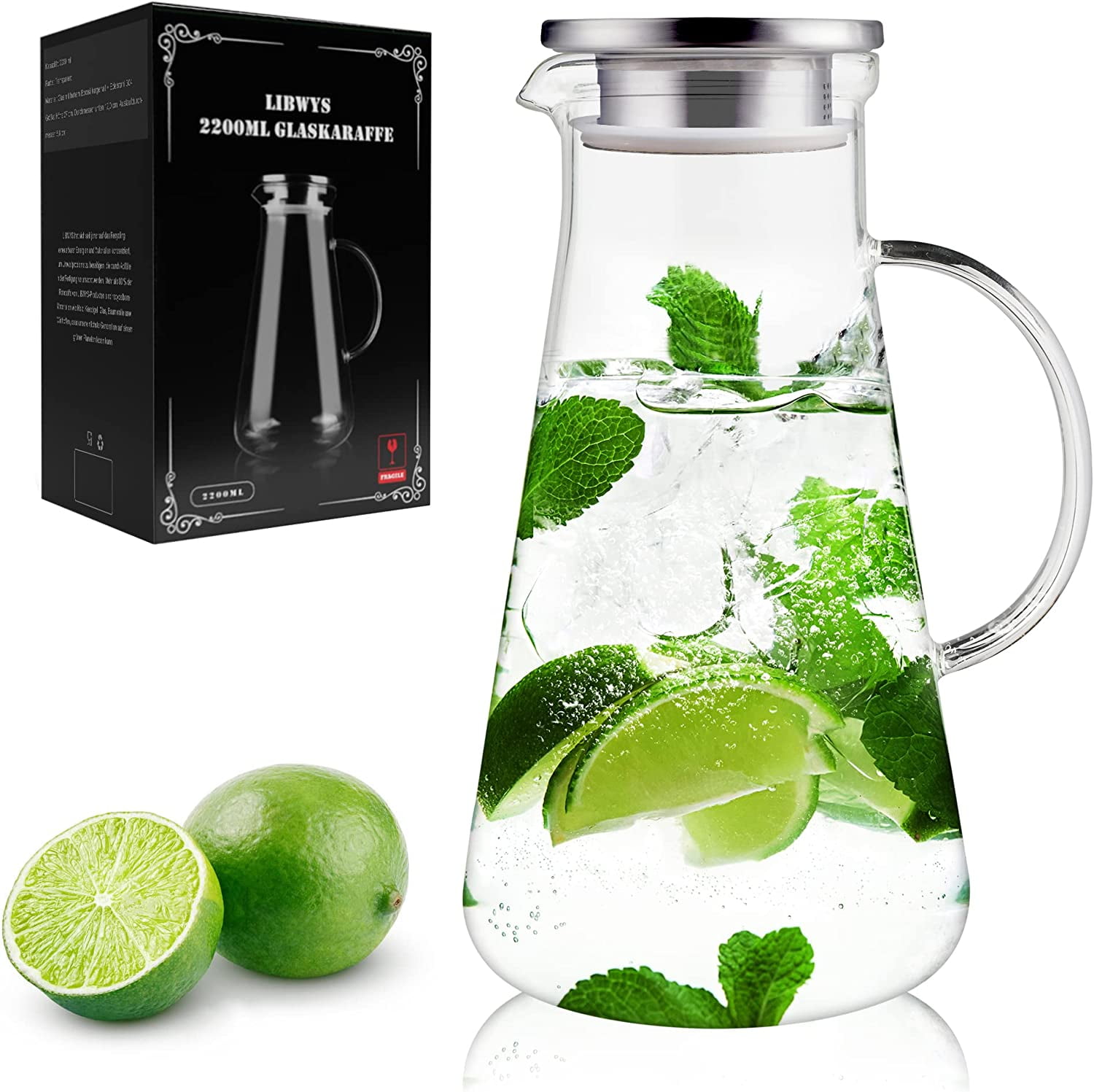 Breeze Glass Drink Water Pitcher with Stainless Steel Lid