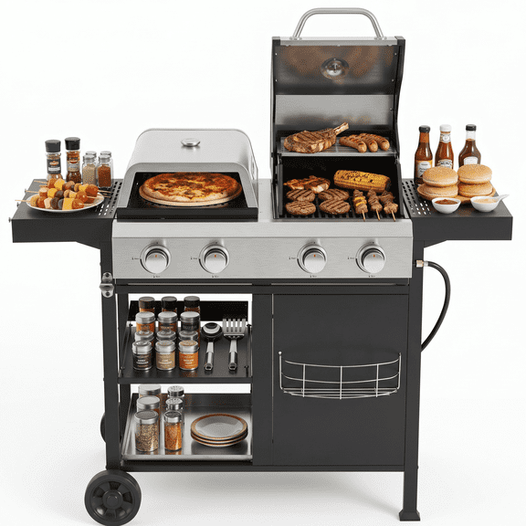 Propane Grill 2+2 Multi Function 4-Burner Stainless Steel with Griddle & Pizza Oven, Thermometers, Side Shelves with Hooks for Outdoor and Tailgating