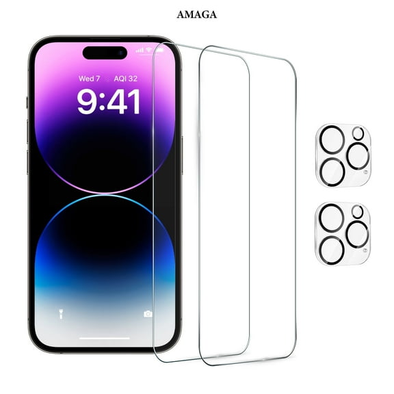 [2+2 Pack]AMAGA Compatible with iPhone 14 Pro Max HD Clear Screen Protector with Camera Lens Protector,Case Friendly Tempered Glass Film,[9H Hardness]