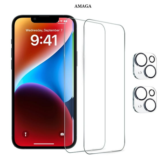 [2+2 Pack]AMAGA Compatible with iPhone 14 HD Clear Screen Protector with Camera Lens Protector,Case Friendly Tempered Glass Film,[9H Hardness]