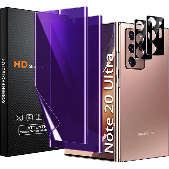 2+2 Pack] Anti-Blue Light Privacy Screen Protector for Samsung Galaxy Note 20 Ultra 6.9 inch with 2 Pack Camera Lens Protector, [Support Fingerprint ID] Anti Spy TPU Flexible Screen Protector- Purple