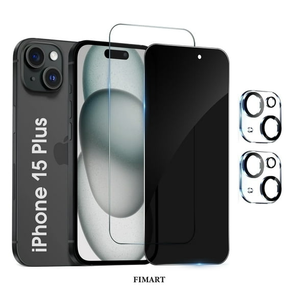 [2+2 Pack]FIMART Compatible with iPhone 15 Plus HD Clear + Privacy Screen Protector with Camera Lens Protector,Shatterproof Tempered Glass [9H Hardness] [Automatic Dust-Elimination Install]