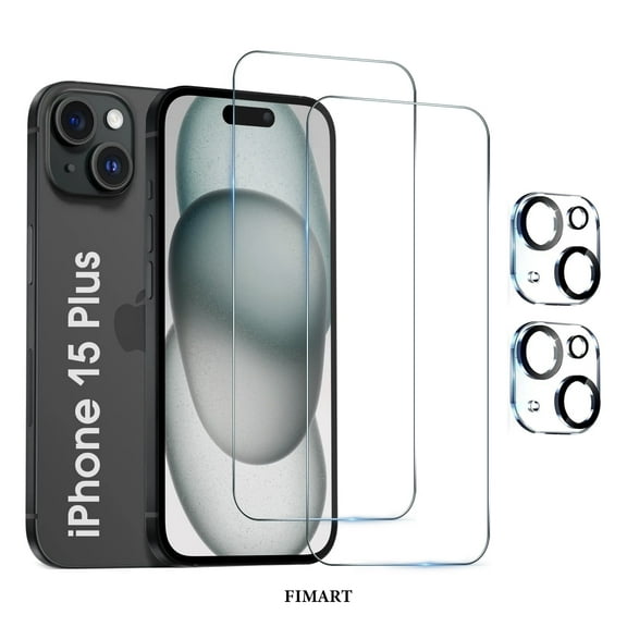 [2+2 Pack]FIMART Compatible with iPhone 15 Plus HD Clear Screen Protector with Camera Lens Protector,Shatterproof Tempered Glass [9H Hardness] [Automatic Dust-Elimination Install]