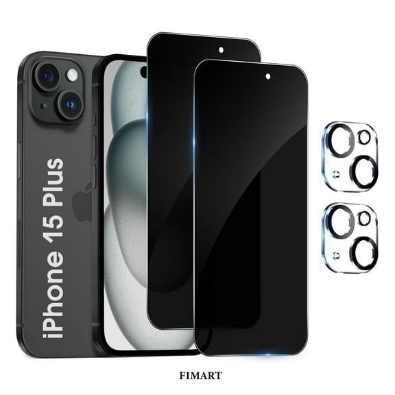[2+2 Pack]FIMART Compatible with iPhone 15 Plus HD Privacy Screen Protector with Camera Lens Protector,Shatterproof Tempered Glass [9H Hardness] [Automatic Dust-Elimination Install]