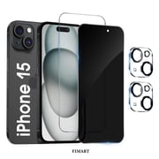 [2+2 Pack]FIMART For iPhone 15 Screen Protector, HD and Privacy Tempered Glass Screen Protector with Camera Lens Protector [Easy Installation] [9H Hardness] [Bu