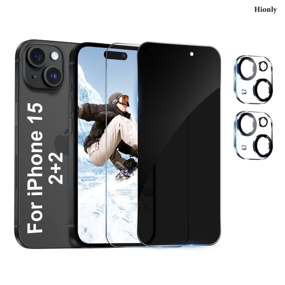 [2+2 Pack]For iphone 15 Screen Protector, HD and Privacy Tempered Glass Screen Protector with Camera Lens Protector[9H Hardness][3D Curved][Anti-Privacy]