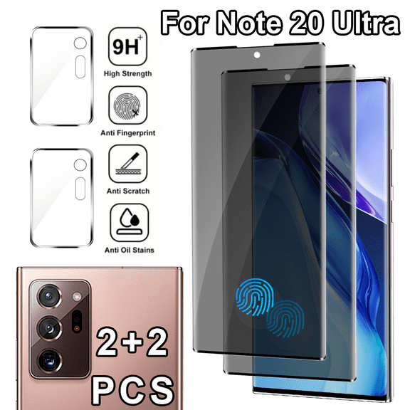 2+2 Pack Galaxy Note 20 Ultra Privacy Screen Protector and Camera Lens Protector,9H hardness Tempered Glass, 3D Full Coverage, Fingerprint Unlock, Easy to install For Galaxy Note 20 Ultra 6.9 Inch