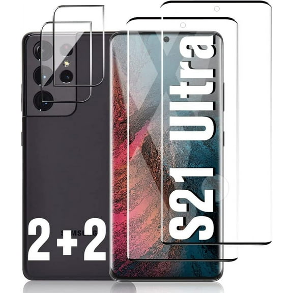 [2+2 Pack] Galaxy S21 Ultra Screen Camera Protector, 9H Tempered Glass Scratch Resistant, Ultrasonic Fingerprint Support, 3D HD Curved, For Samsung Galaxy S21 Ultra 5G 6.8 Inch Glass Screen Protector