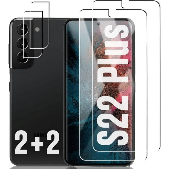 [2+2 Pack] Galaxy S22 Plus Screen Camera Protector, 9H Tempered Glass Scratch Resistant, Ultrasonic Fingerprint Support, HD Curved, for Samsung Galaxy S22 Plus 5G 6.6 Inch Glass Screen Protector