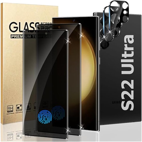 [2+2 Pack] Galaxy S22 Ultra (6.8 Inch) Privacy Screen Protector with Camera Lens Protector, 9H Tempered Glass, Fingerprint Support, 3D Curved, HD Clear Anti-Spy Film for Samsung Galaxy S22 Ultra 5G