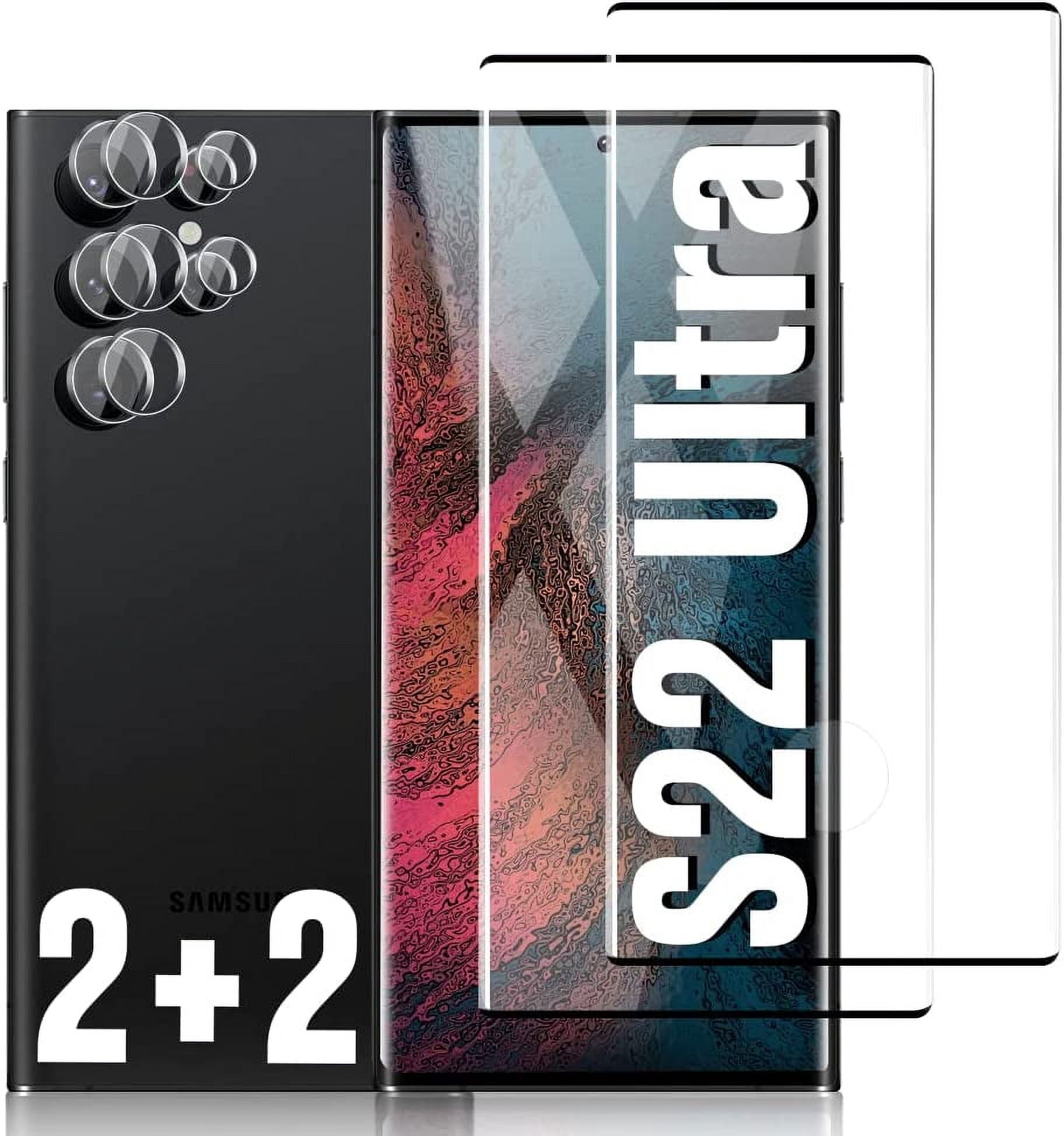 [2+2 Pack] Galaxy S22 Ultra Screen Camera Protector, 9H Tempered Glass Scratch Resistant, Ultrasonic Fingerprint Support, 3D HD Curved, For Samsung Galaxy S22 Ultra 5G 6.8 Inch Glass Screen Protector