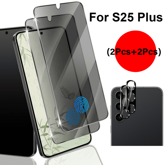 2+2 Pack For Galaxy S25 Plus Privacy Screen Protector And Camera Lens Protector,9H Hardness Tempered Glass Fingerprint Unlock Easy To Install For Galaxy S25 Plus 6.7 Inch