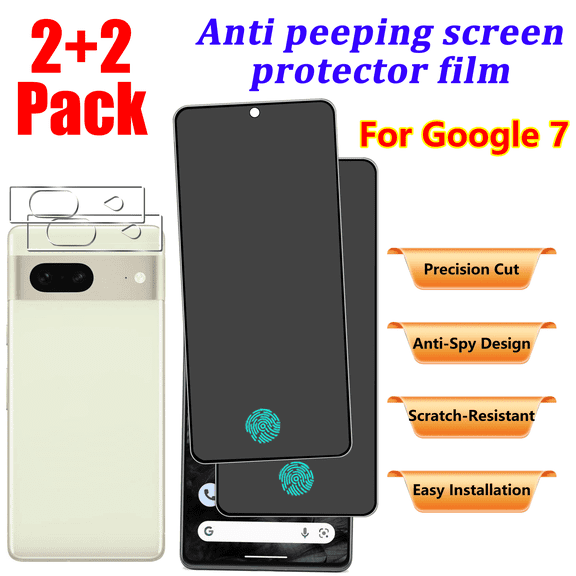 [2+2 Pack] For Google Pixel 7（6.3 Inch） Privacy Screen Protector with Camera Lens Protector, 9H Hardness, Anti-Scratch，Bubble-Free, Easy Install，Support fingerprint unlocking