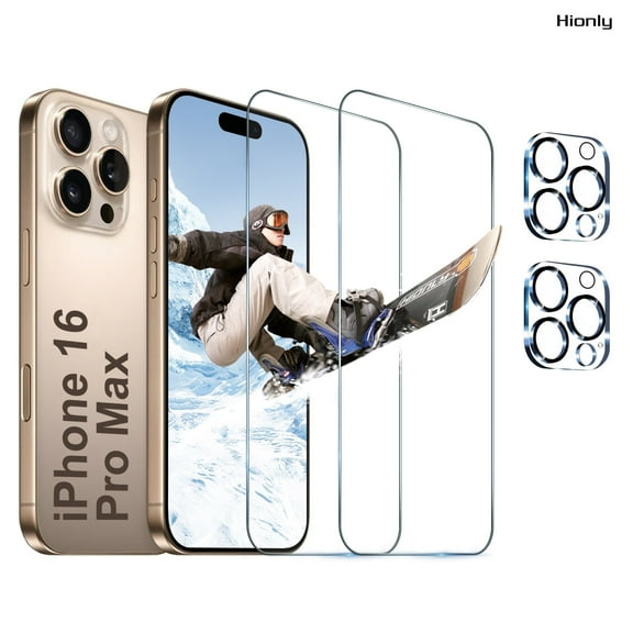 [2+2 Pack] Hionly for iPhone 16 Pro Max HD Screen Protector with Camera Lens Protector,Sensor Protection,Case Friendly Tempered Glass Film[9H Hardness] [Bubble Free] [Easy Install]