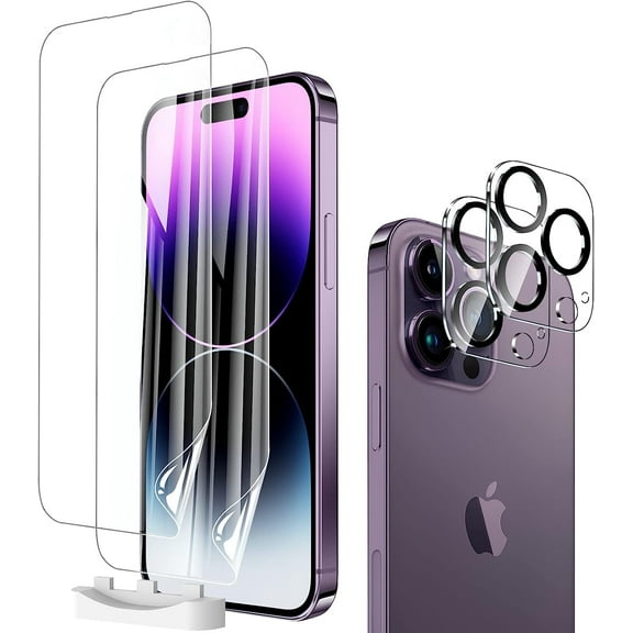 [2+2 Pack Hydrogel Film Screen Protector for iPhone 14 Pro (NOT Glass) with Tempered Glass Camera Lens Protector, Soft TPU Transparent Protective Screen Protector Film(6.1")