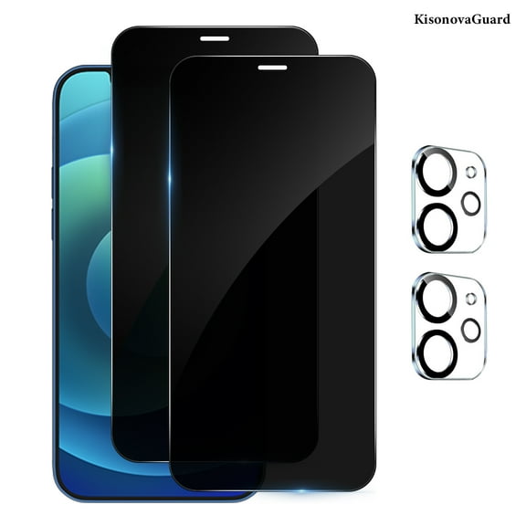 [2 2 Pack] KisonovaGuard for iPhone 12 Privacy Screen Protector with Camera Lens Protector [Tempered Glass Protector][9H Hardness][No-Bubble][3D Full Coverage]