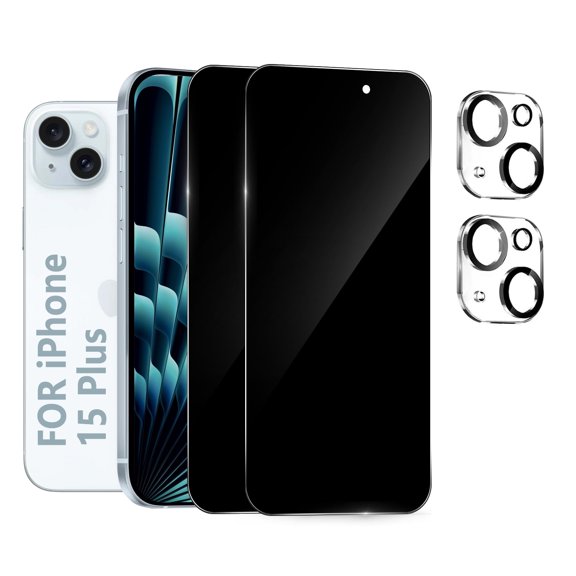 [2+2 Pack] We Life Compatible with iPhone 15 Plus Privacy Screen Protector with Camera Lens Protector, [9H+ Tempered Glass] [Military-Grade Drop Protection] HD Clear, Anti-Scratch