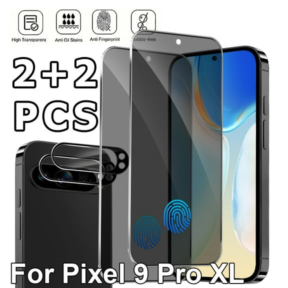 2+2 Pack for Pixel 9 Pro XL Privacy Tempered Glass Screen Protector and Camera Lens Protector, 9H Anti-Spy Glass Film, Anti-Scratch, Case Friendly, No Bubbles, High Definition Clear Screen Protector