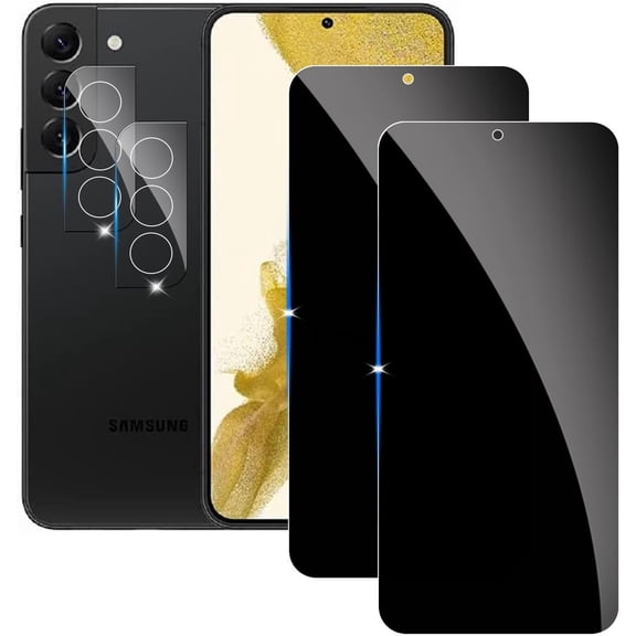 【2+2 Pack】 Privacy Screen Protector for Samsung Galaxy S22 Plus 9H Tempered Glass Anti-Spy Private Film Compatible for Samsung S22 Plus and (2 Pack) Camera Lens Protector