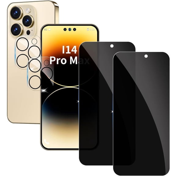 2+2 Pack Privacy Screen Protector for iPhone 14 Pro max 9H Tempered Glass Anti-Spy Private Film Compatible for iPhone 14 Pro max and (2 Pack) Camera Lens Protector