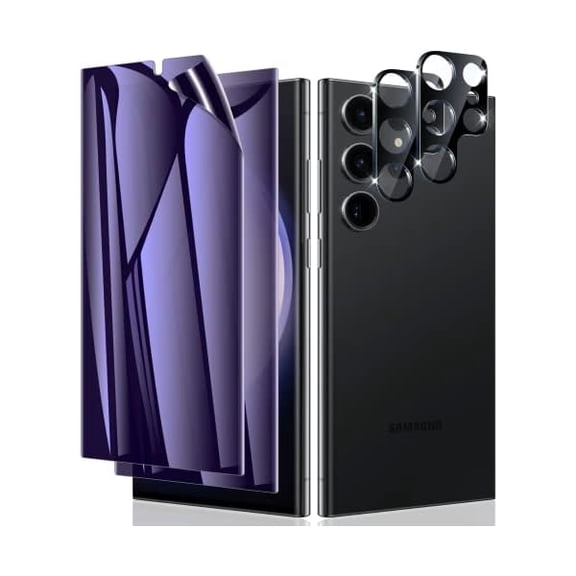 [2+2 Pack for Samsung Galaxy S23 Ultra Privacy Screen Protector, Anti-Blue Light Eye Protection Anti-Spy Purple Flexible Film [Compatible Fingerprint] + Camera Lens Glass Protector