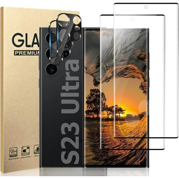 2+2 Pack Screen Protector + Camera Lens Protector Compatible with Samsung Galaxy S23 Ultra, HD Clear 9H Tempered Glass Scratch Resistant, Fingerprint Unlock, 3D Curved, Bubble-Free