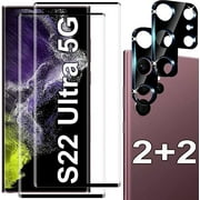 [2+2 Pack] Tempered Glass Screen Protector for Samsung Galaxy S22 Ultra 5G, Tempered Glass, Fingerprint Compatible, HD Clear, Case Friendly With Camera Lens Protector for Galaxy S22 Ultra 5G