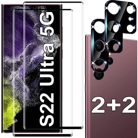 [2+2 Pack] Tempered Glass Screen Protector for Samsung Galaxy S22 Ultra 5G, Tempered Glass, Fingerprint Compatible, HD Clear, Case Friendly With Camera Lens Protector for Galaxy S22 Ultra 5G