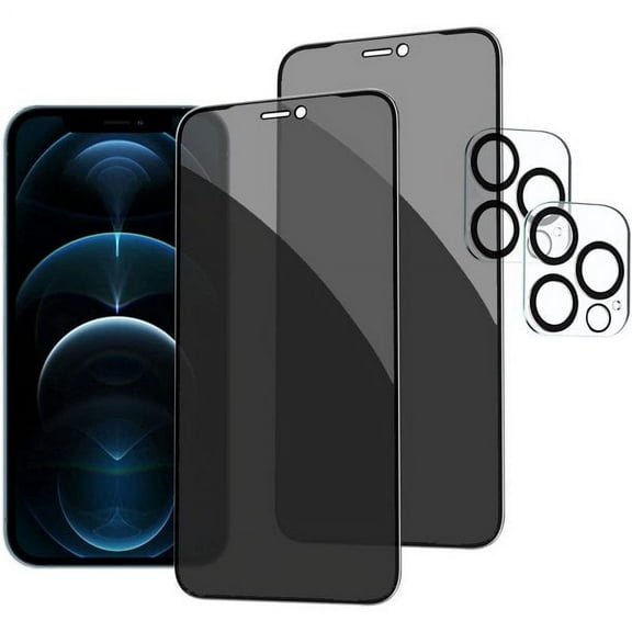 [2+2 Pack] iPhone 12 Pro Max Privacy Screen Protector with Camera Lens Protector Full Coverage Anti-Spy Tempered Glass Film 9H Hardness Upgrade Edge Protection Easy Installation Bubble Free