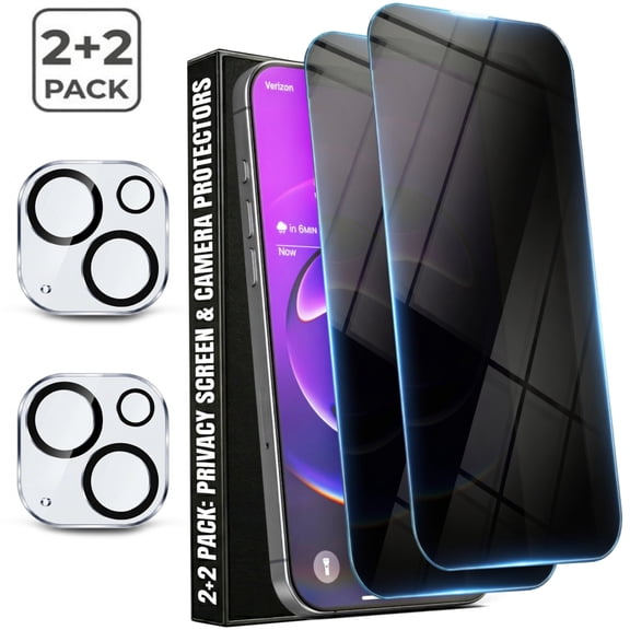 2+2 Pack iPhone 15 Plus Privacy Screen Protector & Camera Lens Protector, Anti-Spy Tempered Glass Shield with Easy Install Frame