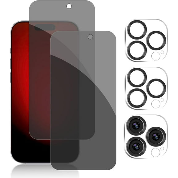 [2+2 Pack] iPhone 15 Pro Max Privacy Screen Protector with Camera Lens Protector Full Coverage Anti-Spy Tempered Glass Film 9H Hardness Upgrade Edge Protection Easy Installation Bubble Free Specially