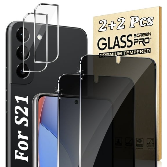 (2+2 Packs) Anti Spy Screen Protector Suitable For Samsung Galaxy S21 (6.2 Inches) With Camera Lens Protector, 9H Hardness Tempered Glass, Anti Peeping, Anti Fingerprint, Anti Scratch, Easy To Instal