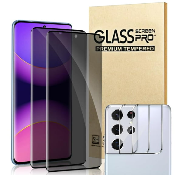 (2+2 Packs) For Galaxy S21 Ultra Privacy Screen Protector And Camera Lens Protector, 9H Hardness Tempered Glass,3D Full Coverage, Easy To Install, Suitable For Galaxy S21 Ultra 6.8 -Inch