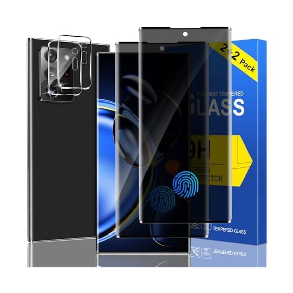 [2+2 Packs] For Note 20 Ultra Privacy Screen Protector and Camera Lens Protector, Fingerprint Unlock, 9H Hardness, No Bubble, Easy Installation, Anti Scratch (6.9 Inch)