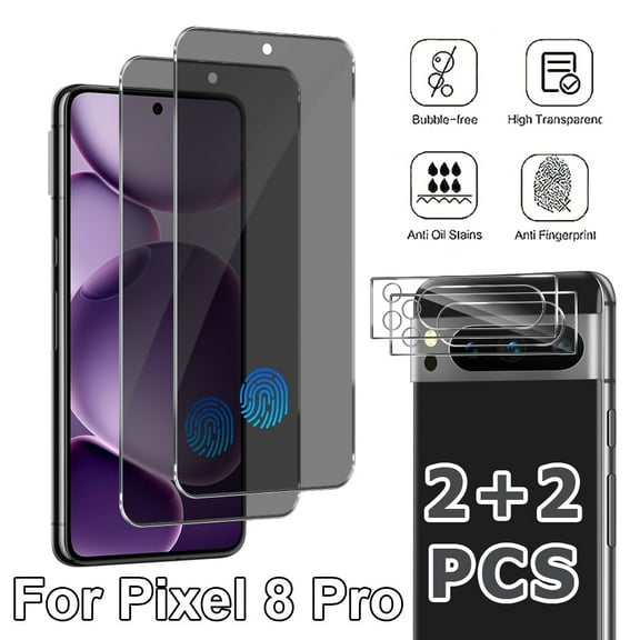 2+2 Packs for Pixel 8 Pro Privacy Screen Protector And Camera Lens Protector, 9H Hardness Tempered Glass Screen Protector, Full Coverage, Easy To Install, Suitable For Pixel 8 Pro 6.7-Inch Anti-Spy P