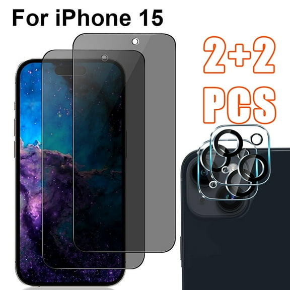 (2+2 Packs) Privacy Screen Protector And Camera Lens Protection For Iphone 15 , Anti Spy, Anti Peeping, Anti Fingerprint, Bubble Free.