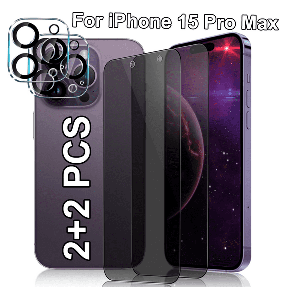 2+2-Packs Privacy Screen Protector For IPhone 15 Pro Max -6.7 Inch, With Camera Lens Protector,Anti Spy Private Tempered Glass Film, 9H Hardness, Easy to Install, Bubble Free, Case Friendly