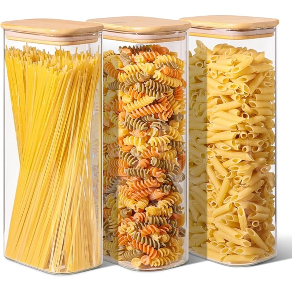 2.2 Qt Rectangle Glass Storage Containers with Lids, Glass Jars with Bamboo Lids, Clear Food Storage Jar, Tall Spaghetti Container, Pantry Storage Container for Pasta Flour Oats Nuts Rice