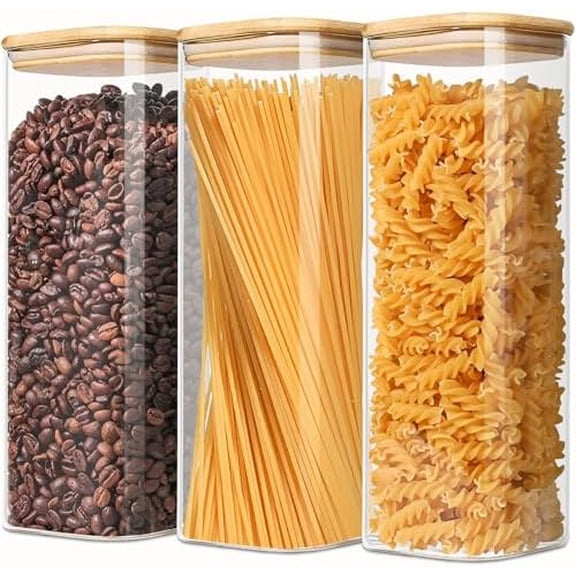 2.2 Qt Square Glass Storage Containers with Lids, Clear Food Storage Container Jar with Sealing Bamboo Lid Storage Containers for Pasta, Oats, Coffee, Flour, Sugar, Square Set-3Pack
