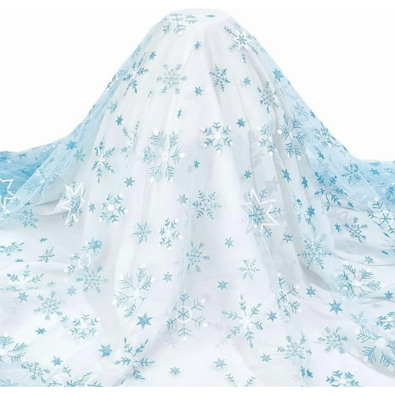 2.2 Yard Blue Snowflake Tulle Fabric 59~63inch Sheer Organza Fabric with Sequin Snowflake Pattern