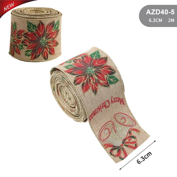 2.2 Yards 2.48 Inch Wired Burlap Christmas Ribbon, Poinsettia Bell Merry Christmas Print Fabric Ribbon for Christmas Tree, Wreaths, Gift Wrapping, DIY Bows and Indoor Holiday Christmas Decorations