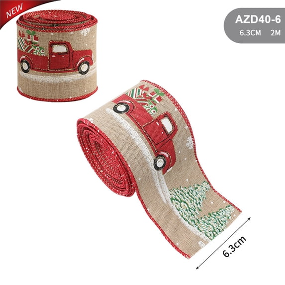 2.2 Yards 2.48 Inch Wired Burlap Christmas Ribbon, Vintage Red Truck Print Fabric Ribbon for Christmas Tree, Wreaths, Gift Wrapping, DIY Bows Decor and Indoor OutdoorHoliday Christmas Decorations
