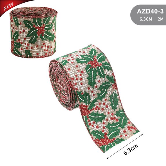 2.2 Yards 2.5 Inch Wired Burlap Christmas Ribbon, Holly Berry Print Fabric Ribbon for Christmas Tree, Wreaths, Gift Wrapping, DIY Bows Decor and Indoor Outdoor Holiday Christmas Decorations