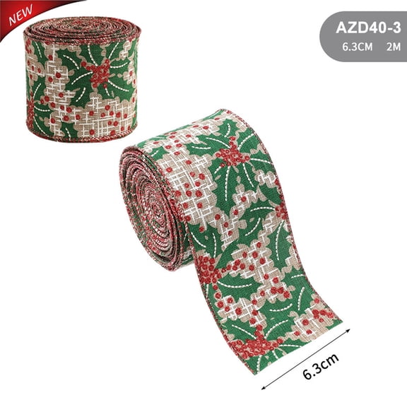2.2 Yards 2.5 Inch Wired Burlap Christmas Ribbon, Holly Berry Print Fabric Ribbon for Christmas Tree, Wreaths, Gift Wrapping, DIY Bows Decor and Indoor Outdoor Holiday Christmas Decorations