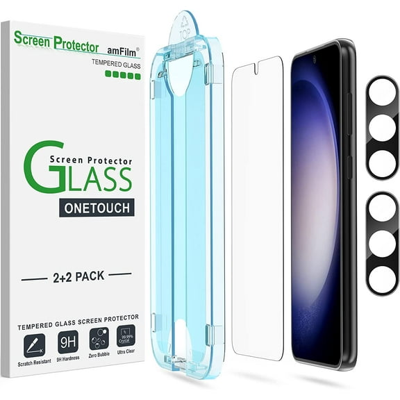 (2+2 pack) amFilm OneTouch for Samsung Galaxy S23 6.1 Inch Tempered Glass Screen Protector & Tempered Glass Camera Lens Protector, 9H Hardness, Easy Installation and Bubble Free.