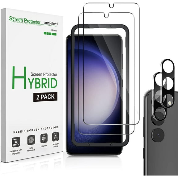 2+2 pack) amFilm for Samsung Galaxy S23 5G 6.1 Inch [100% Fingerprint ID Compatible] HybridScreen Protector & Tempered Glass Camera Lens Protector, Easy Installation Tray, HD Clear