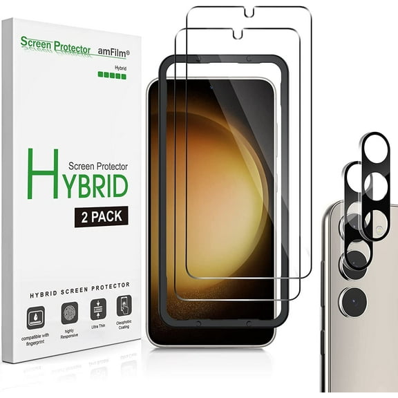 (2+2 pack) amFilm for Samsung Galaxy S23+/S23 Plus 6.6 Inch [100% Fingerprint ID Compatible] Hybrid Film Screen Protector & Tempered Glass Camera Lens Protector, Easy Installation Tray.